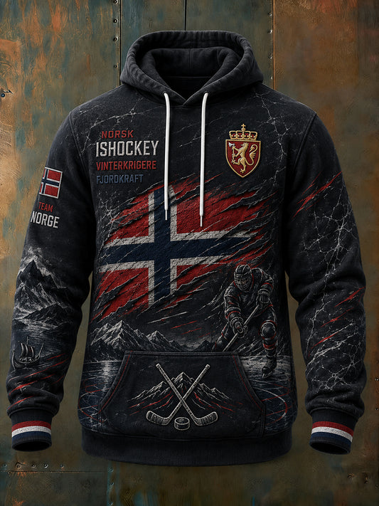 Mænds langærme hættet sweatshirt med ishockey-tema print