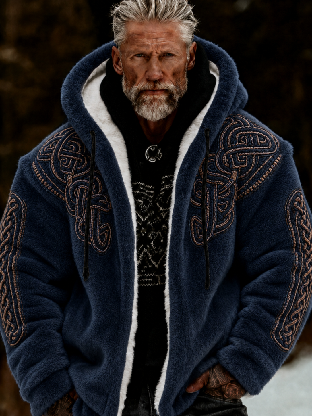 Mænds vikingisk-keltisk kunst plys hyggelig varm jakke med lynlås og hætte
