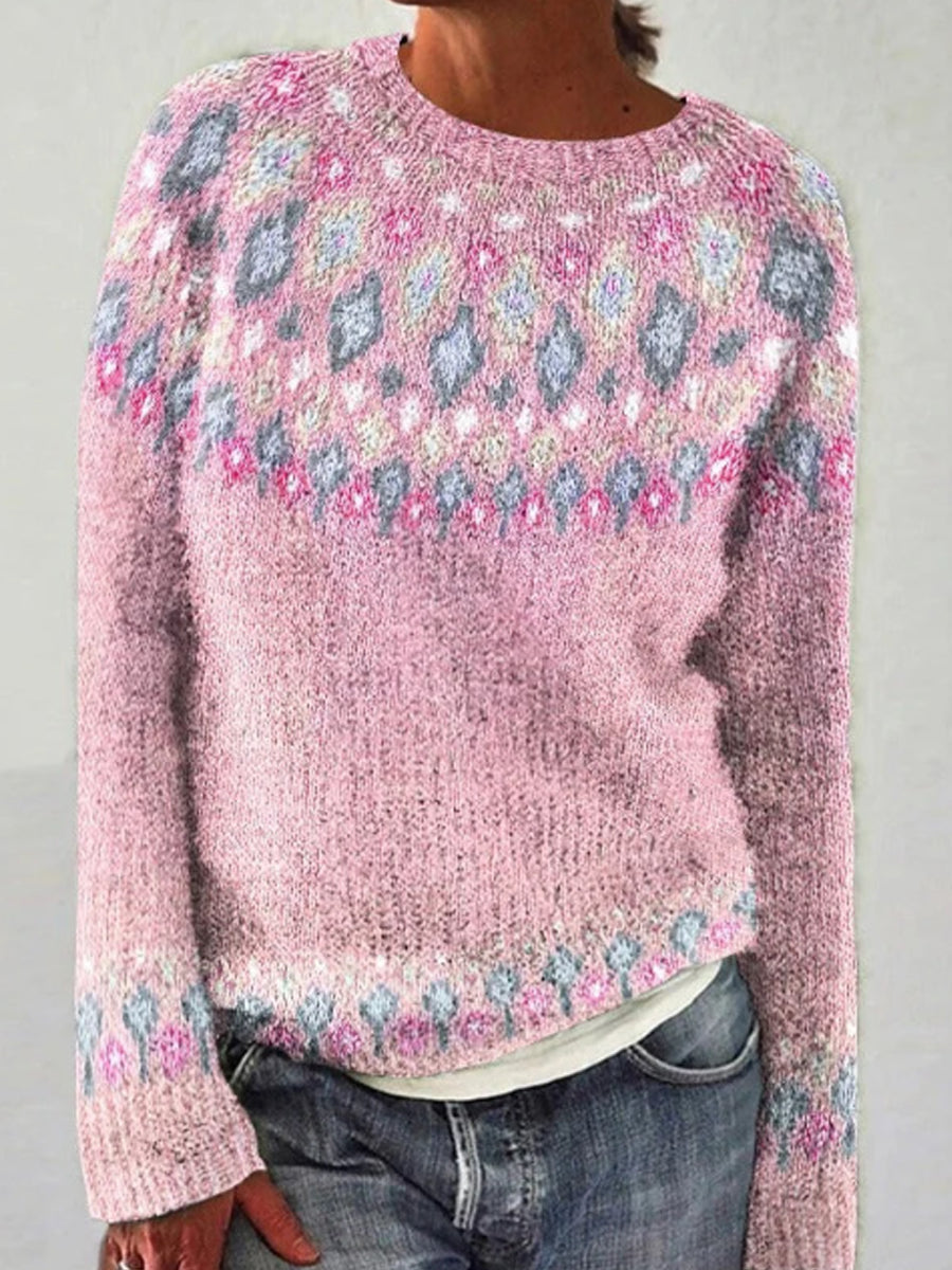 Kvinders islandske Sweater Jacquard Casual komfortable runde hals Pullover Sweater.