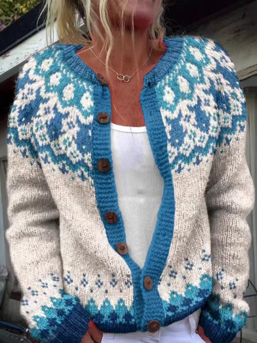 Kvindegenser med søde dyr, islandsk sweater med knapper, tyk striktrøje