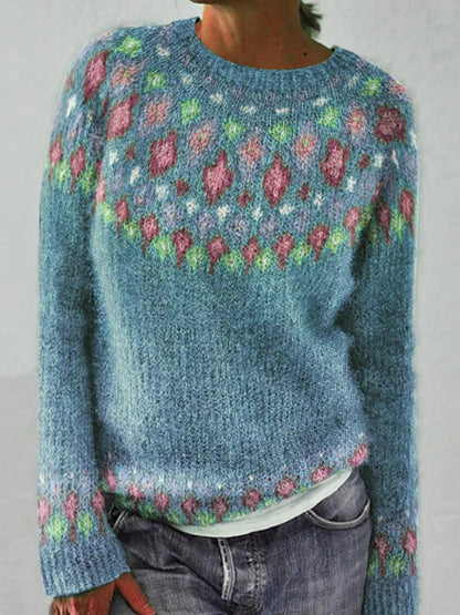 Kvinders islandske Sweater Jacquard Casual komfortable runde hals Pullover Sweater.