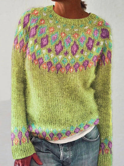 Kvinders islandske Sweater Jacquard Casual komfortable runde hals Pullover Sweater.