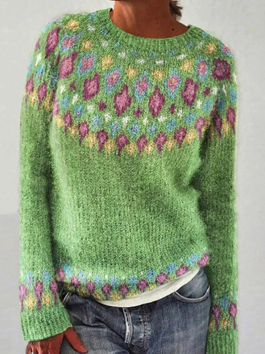 Kvinders islandske Sweater Jacquard Casual komfortable runde hals Pullover Sweater.