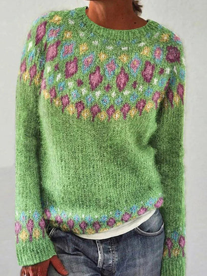 Kvinders islandske Sweater Jacquard Casual komfortable runde hals Pullover Sweater.