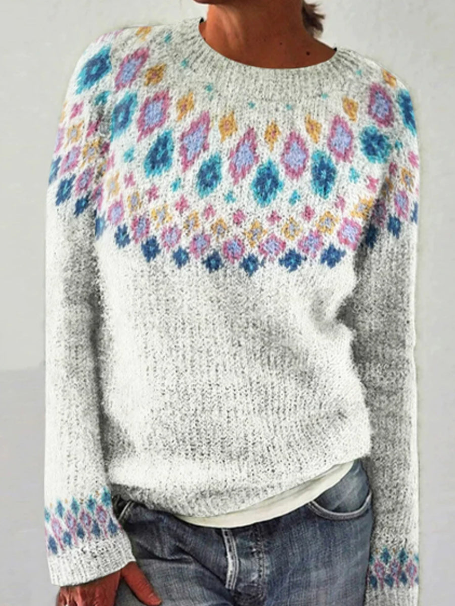 Kvinders islandske Sweater Jacquard Casual komfortable runde hals Pullover Sweater.