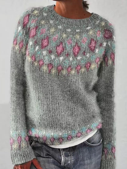 Kvinders islandske Sweater Jacquard Casual komfortable runde hals Pullover Sweater.