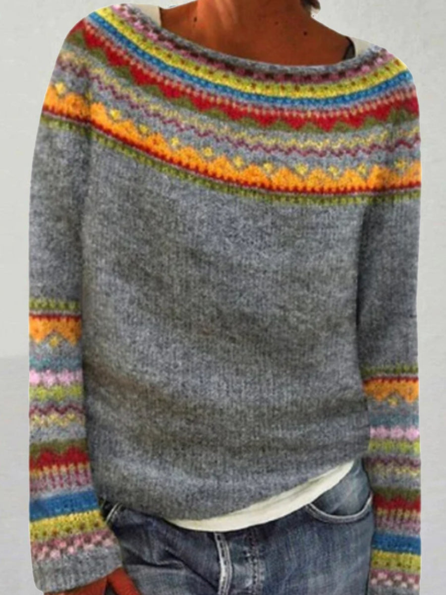 Kvindernes islandske sweater med rund hals, løs pasform og pullover-stil