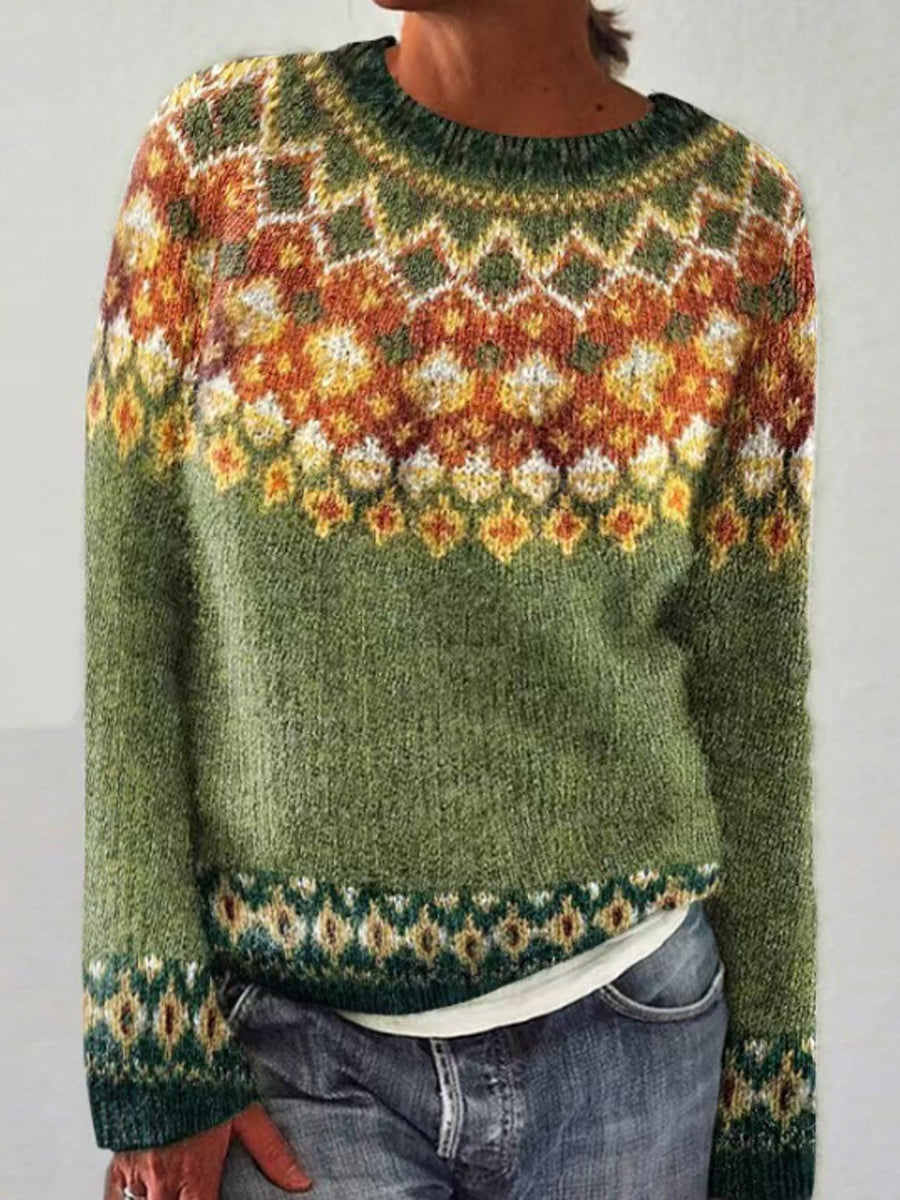 Kvindernes islandske striktrøje, jakardestrikket, afslappet og behagelig rundhals pullover