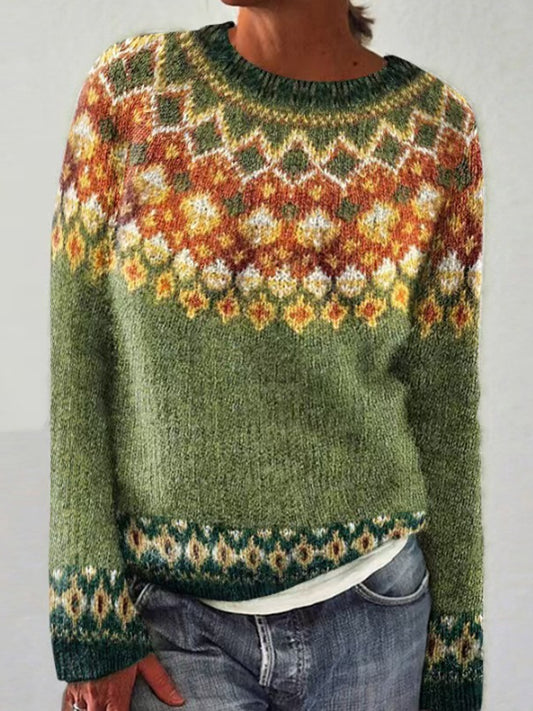 Kvindernes islandske striktrøje, jakardestrikket, afslappet og behagelig rundhals pullover