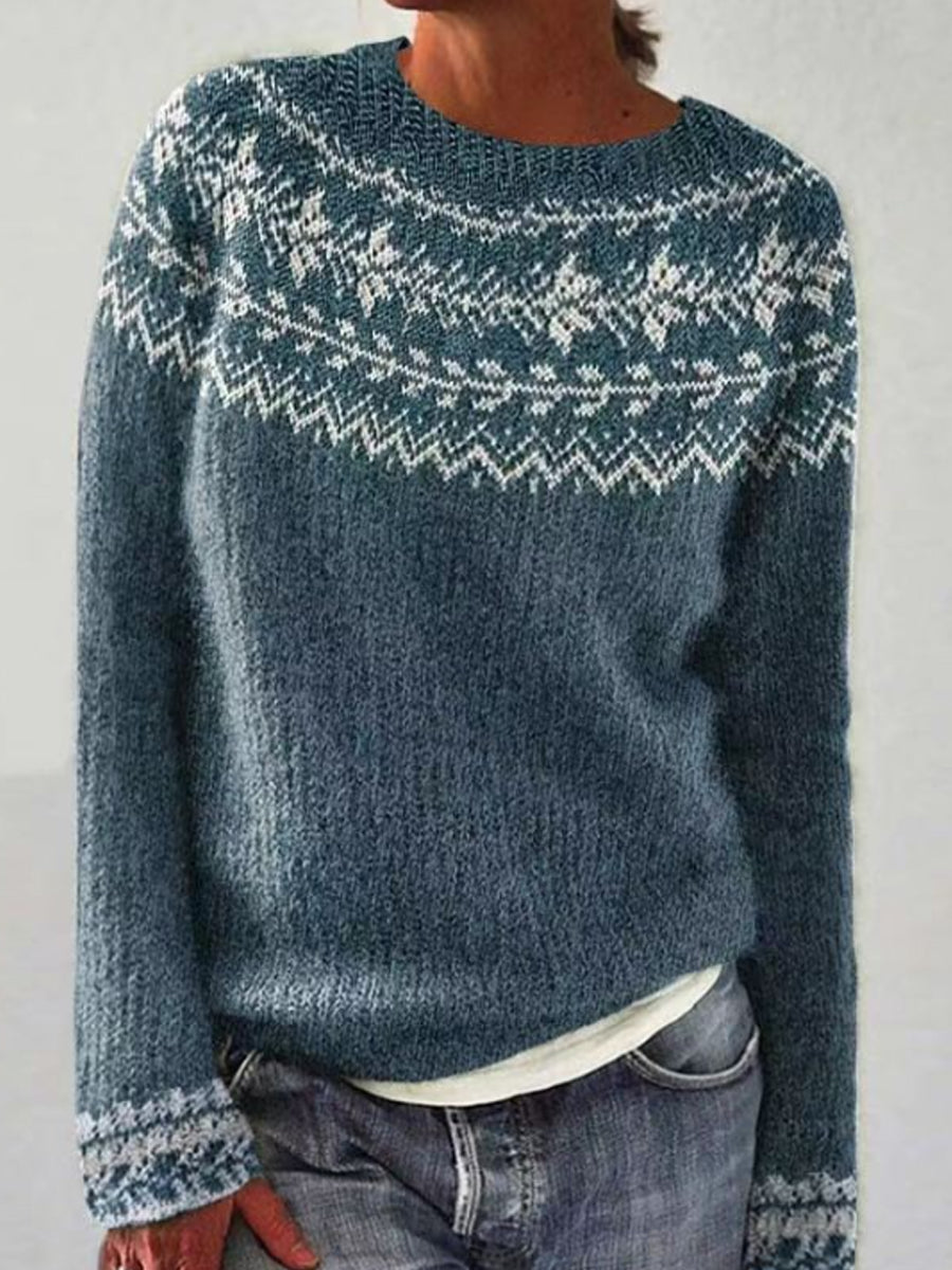 Kvindernes islandske sweater med rund hals, løs pasform og pullover-stil