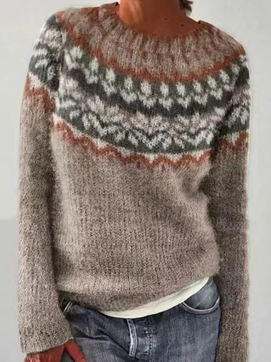 Kvindernes islandske sweater med rund hals, løs pasform og pullover-stil