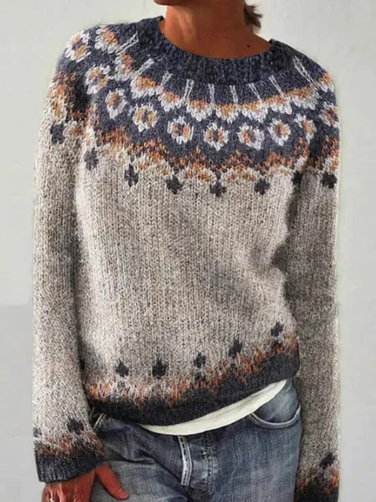 Kvindernes islandske sweater med rund hals, løs pasform og pullover-stil