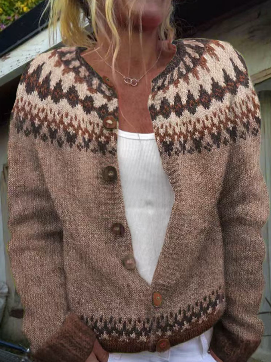 Kvinders islandske vintertrøje med rund hals, løs cardigan med knapper