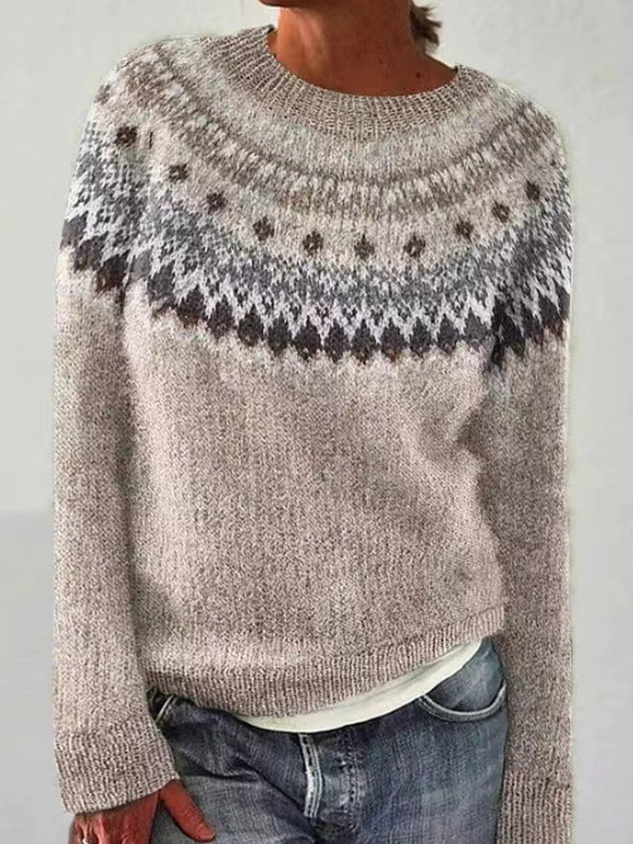 Kvindernes islandske sweater med rund hals, løs pasform og pullover-stil