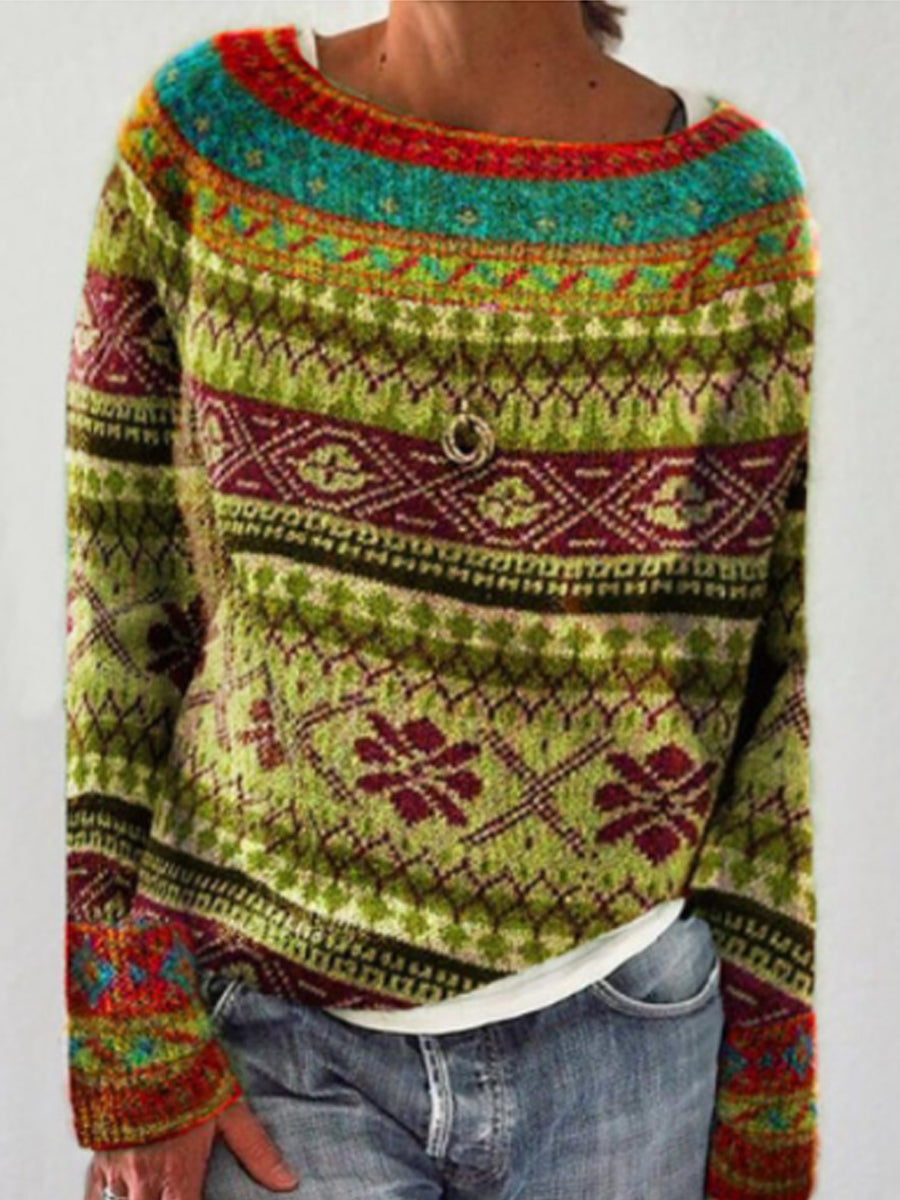 Kvindernes islandske sweater med rund hals, løs pasform og pullover-stil