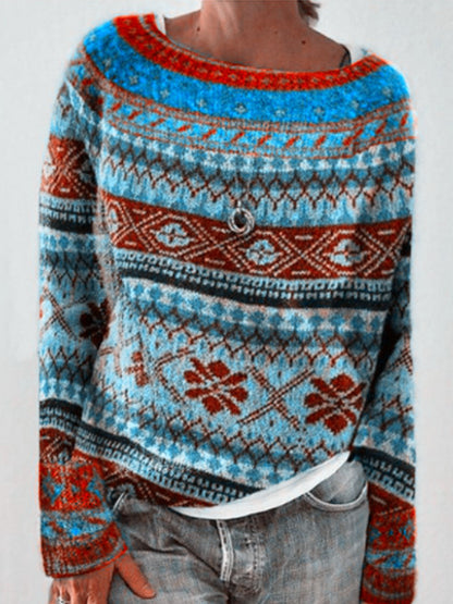 Kvindernes islandske sweater med rund hals, løs pasform og pullover-stil