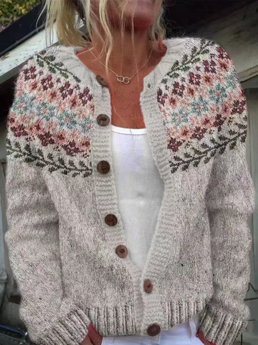 Kvinders islandske vintertrøje med rund hals, løs cardigan med knapper