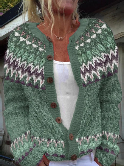 Kvinders vinter Islands Sweater runde hals løs knap Chunky Strik Cardigan Sweater.