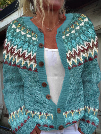 Kvinders vinter Islands Sweater runde hals løs knap Chunky Strik Cardigan Sweater.