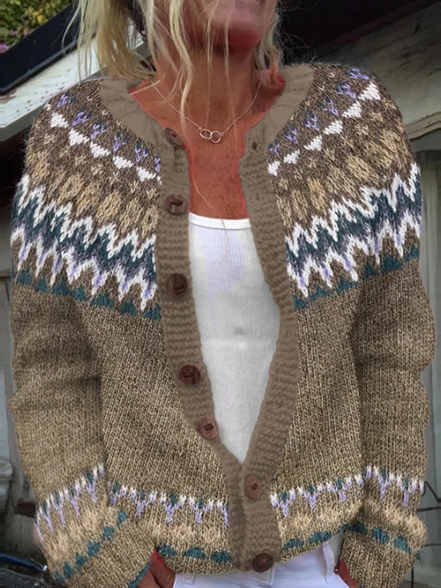 Kvinders vinter Islands Sweater runde hals løs knap Chunky Strik Cardigan Sweater.