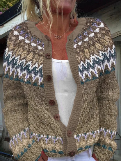 Kvinders vinter Islands Sweater runde hals løs knap Chunky Strik Cardigan Sweater.
