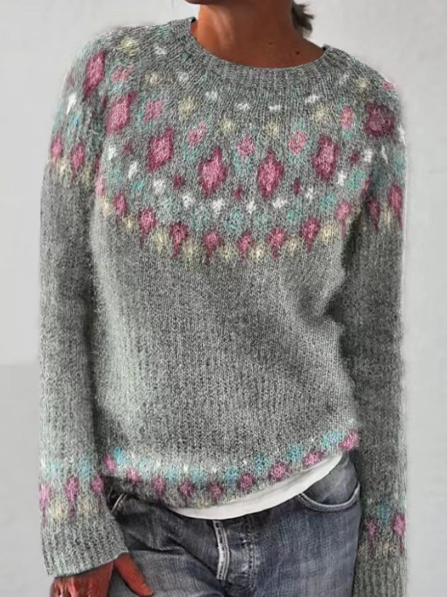 Kvindernes islandske sweater med rund hals, løs pasform og pullover-stil