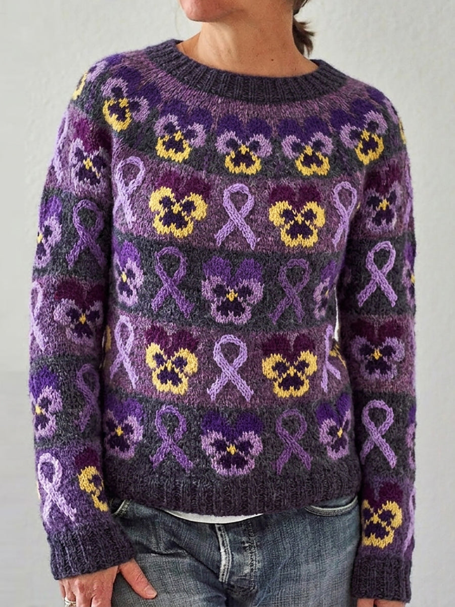 Kvinders Alzheimers bevidsthed Purple Ribbon Pansies Print besætning hals Sweater.