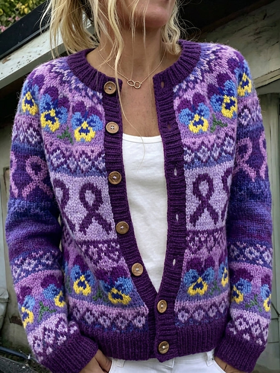 Kvinders vintage lilla bånd og stedmoderblomster med ø-mønster printet cardigan