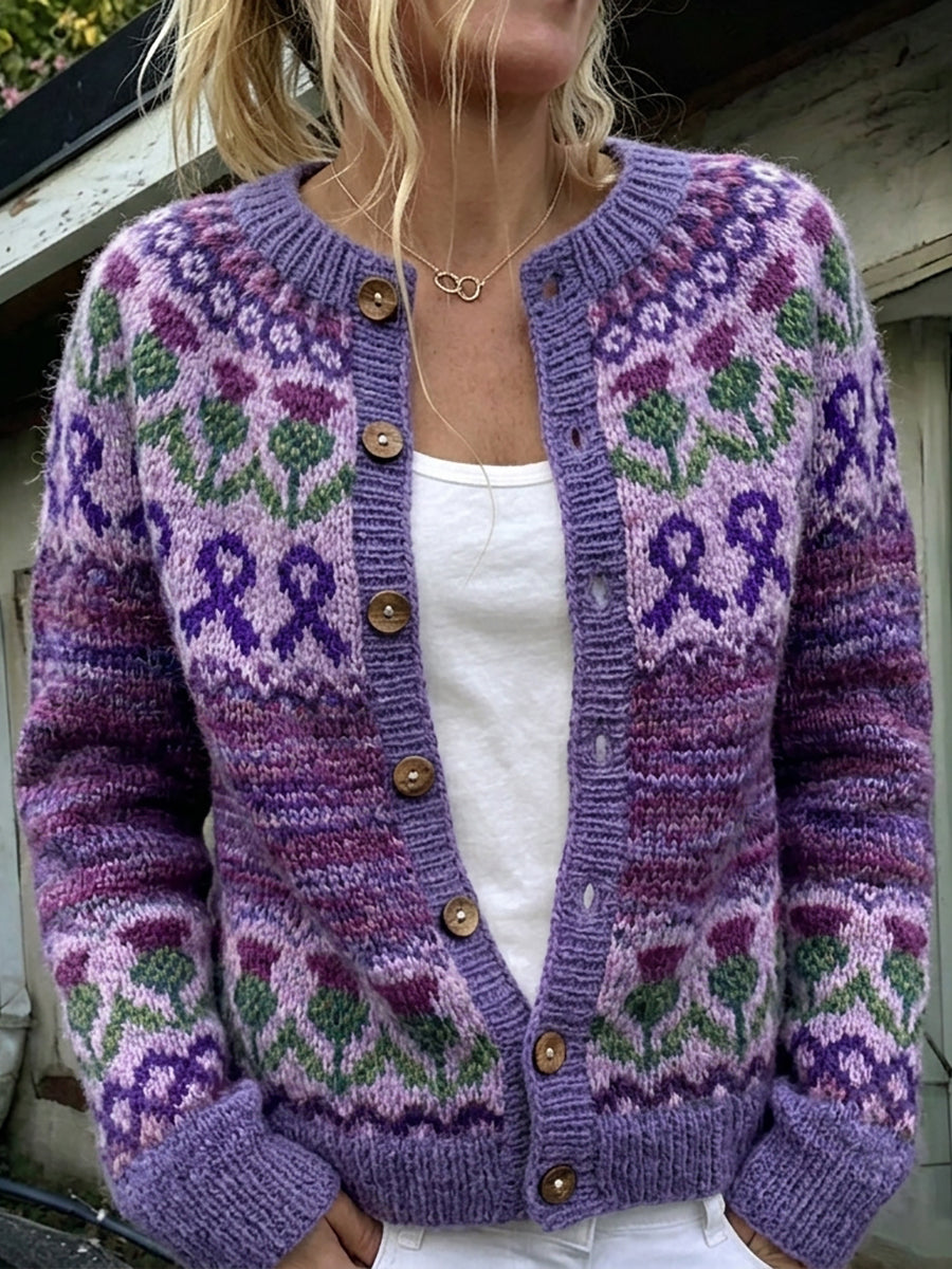 Kvinders vintage lilla bånd- og skotsk tidsel-ø-mønstret cardigan