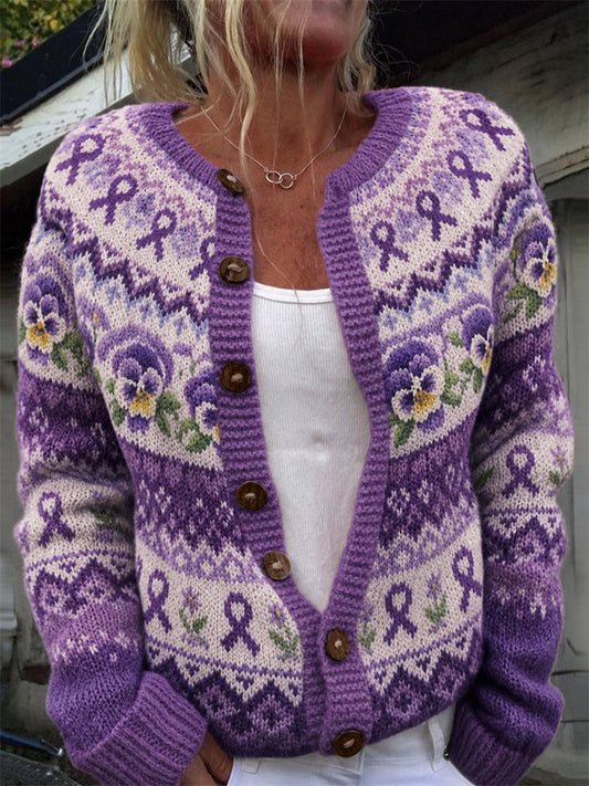 Kvinders vintage lilla bånd- og violblomster-ømønsterprint-kardigan