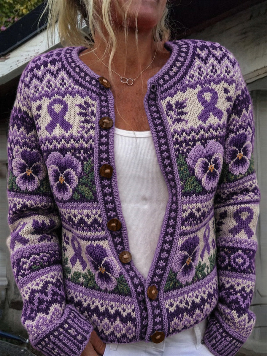 Kvinders vintage lilla bånd- og violblomster-ømønsterprint-kardigan