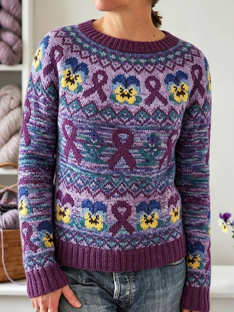 Kvinders Alzheimers bevidsthed Purple Ribbon Pansies Print besætning hals Sweater.