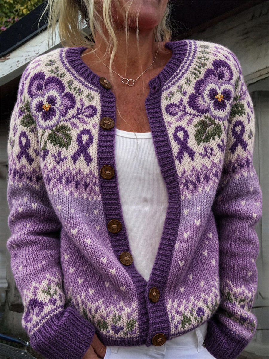Kvinders vintage lilla bånd- og violblomster-ømønsterprint-kardigan