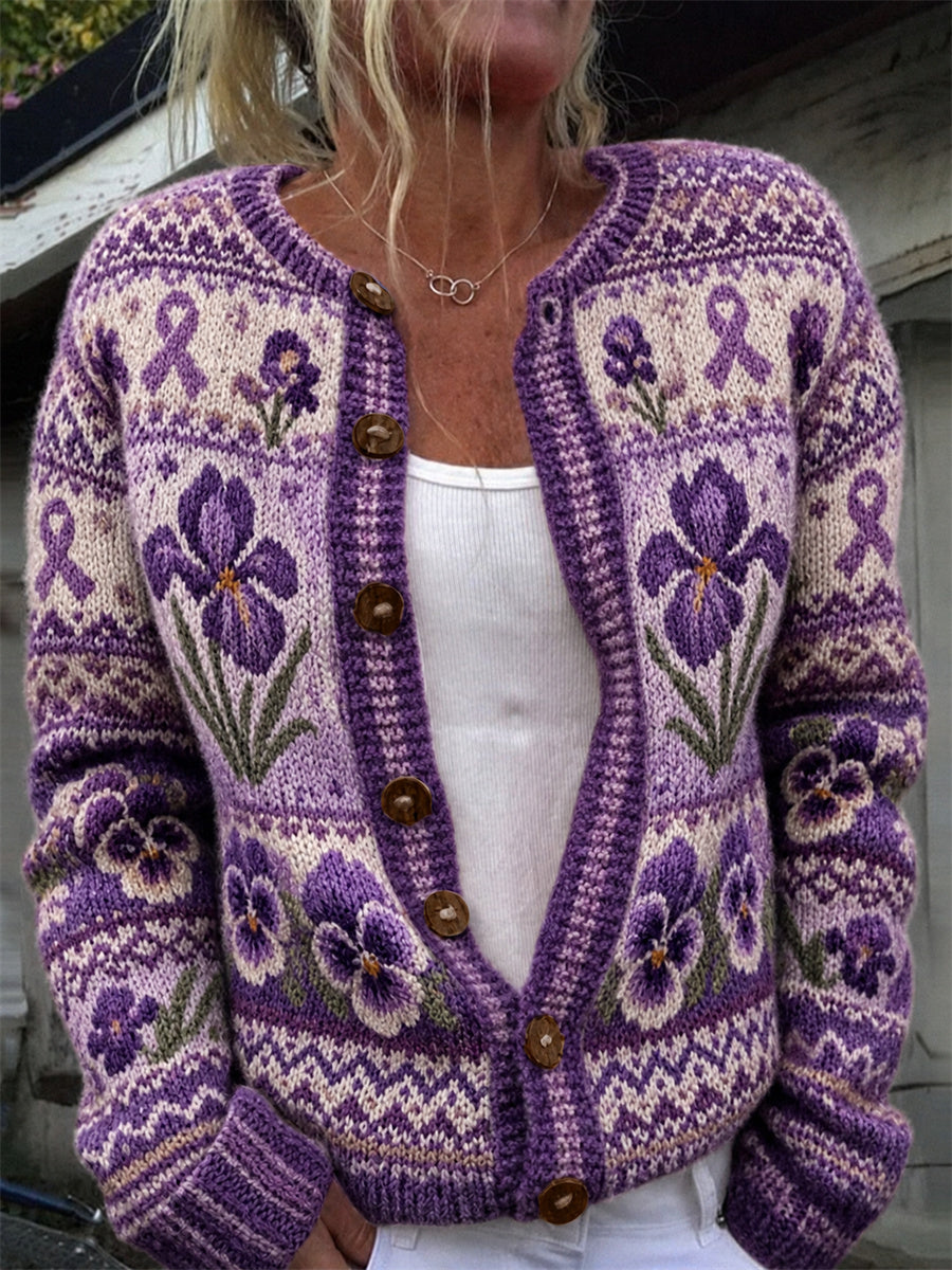 Kvinders Vintage Lilla Ribbon Lilla Irises & Pansy Blomster Isle Mønster Print Cardigan