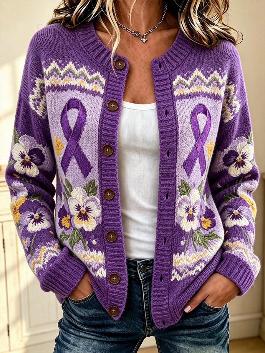 Kvinders Vintage Lilla Ribbon & Pansies Isle mønster Print Cardigan