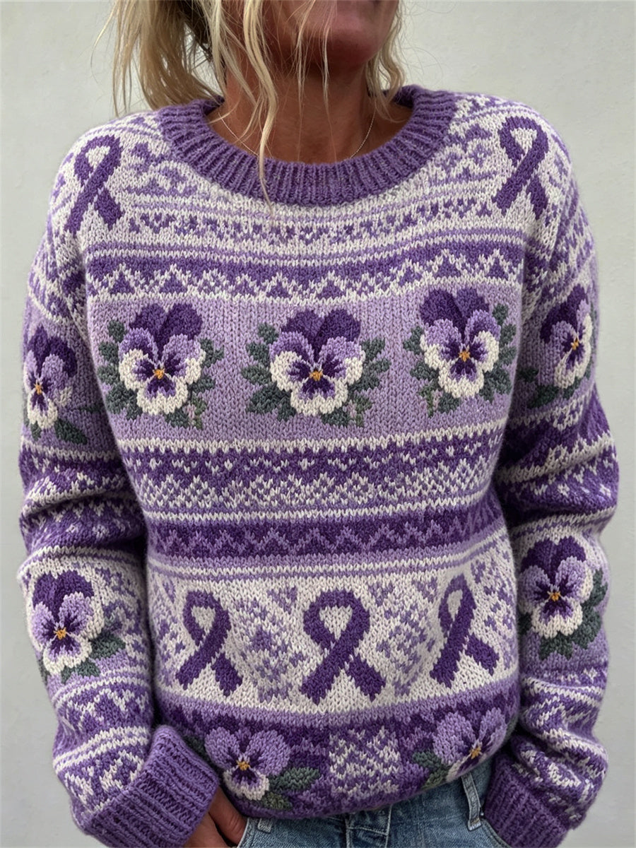 Kvinders Vintage Lilla Ribbon & Pansy Blomster Isle Mønster Print besætning hals sweater.