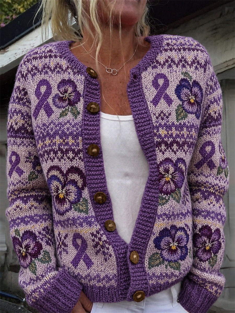 Kvinders vintage lilla bånd- og violblomster-ømønsterprint-kardigan