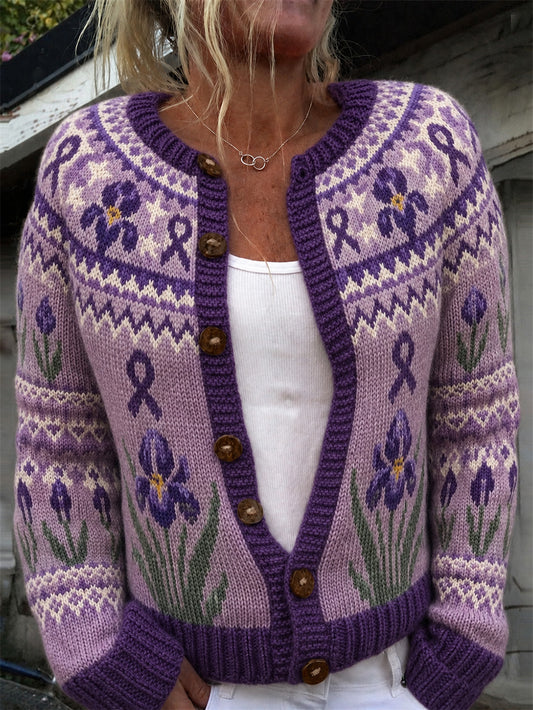 Damestrikjakke i cardiganstil med print af lilla blomster og lilla velgørenhedsbånd til hverdagsbrug
