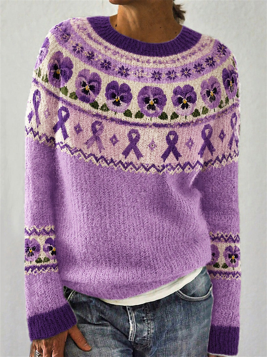 Damestrømpe med print af lilla blomster og lilla velgørenhedsbånd, casual langærmet sweater