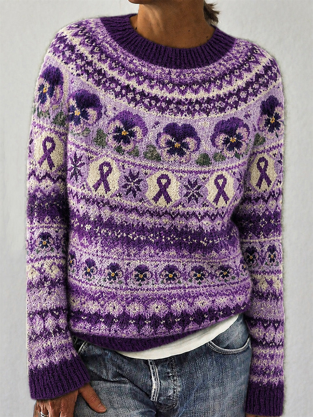Damestrømpe med print af lilla blomster og lilla velgørenhedsbånd, casual langærmet sweater