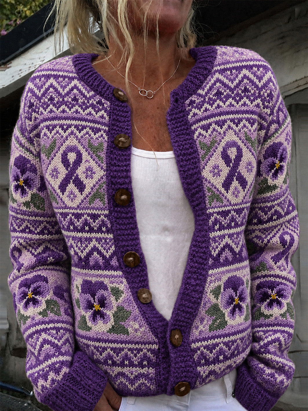 Kvinders lilla blomst og lilla velgørenhed Ribbon Mønster trykt Casual Cardigan-stil strik jakken