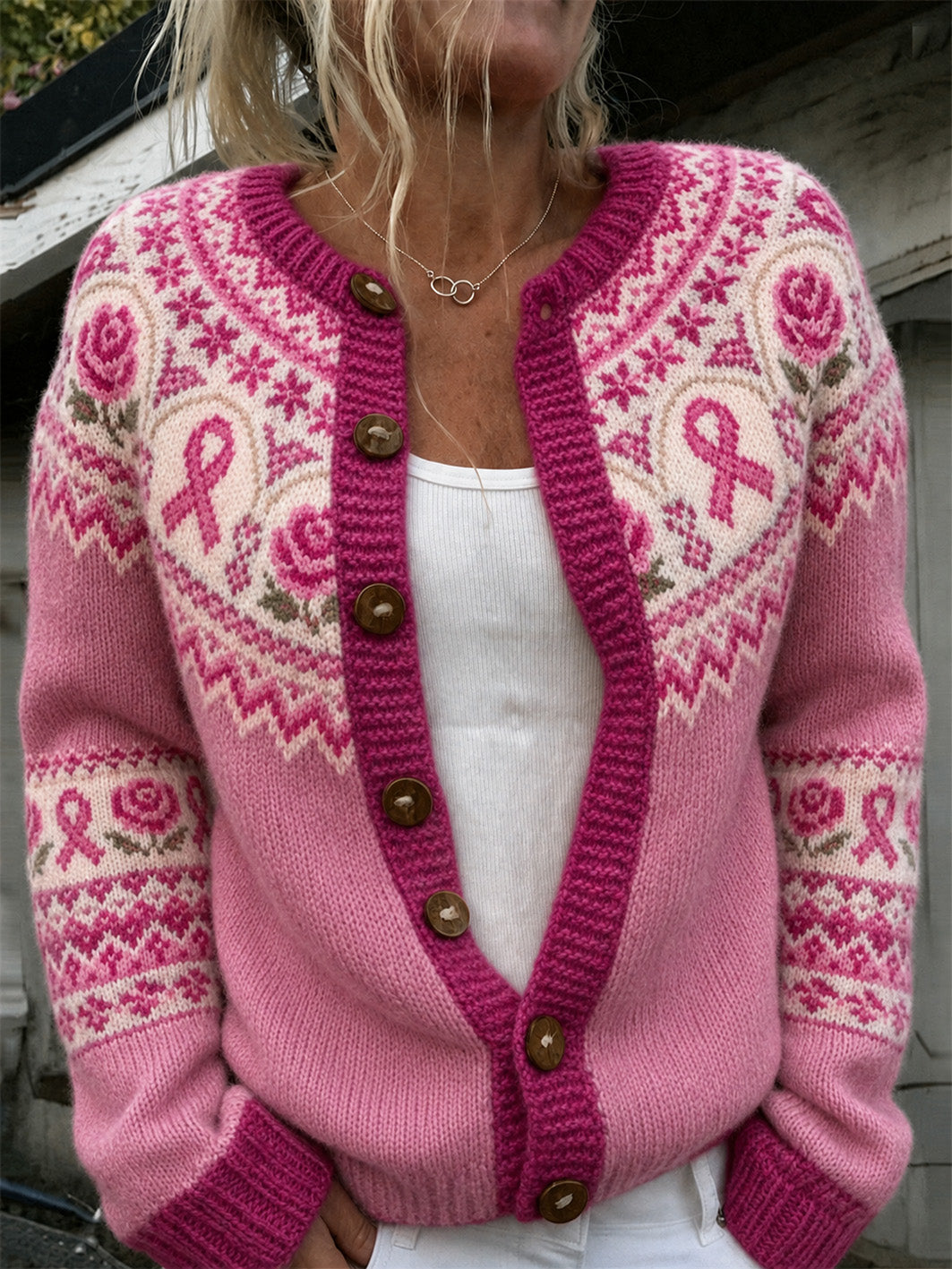 Kvindernes lyserøde blomster- og pink velgørenhedsbåndsmønster trykt, afslappet strikket jakke i cardigan-stil