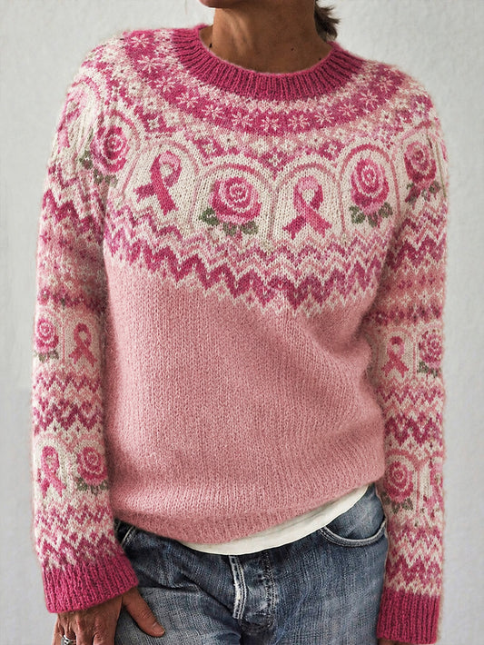 Kvinders Pink Blomst og Pink Charity Ribbon Mønster trykt Casual Langærme Sweater.