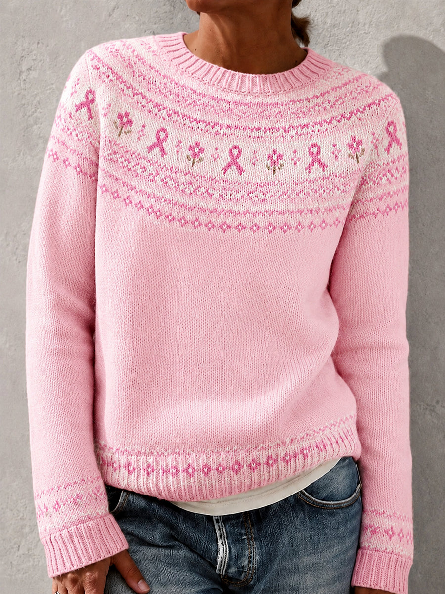 Kvinders Pink Ribbon Blomster Print Bryst kræft bevidsthed Support Sweater.