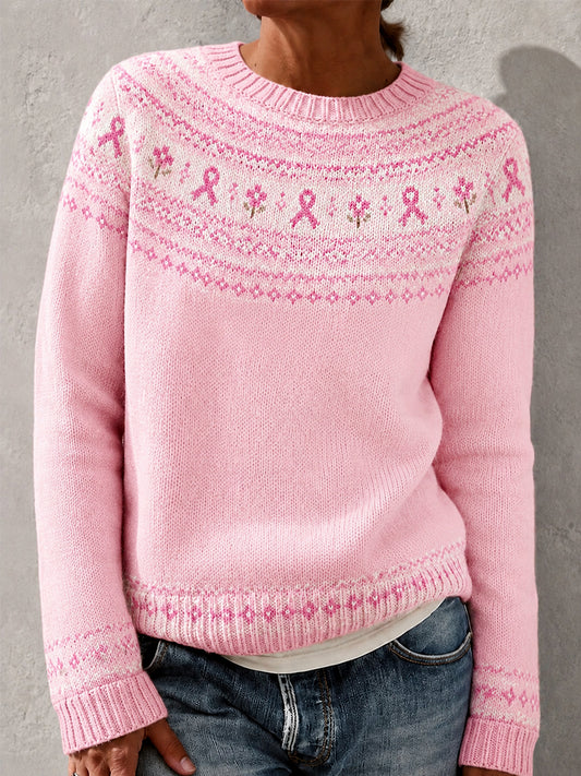 Kvinders Pink Ribbon Blomster Print Bryst kræft bevidsthed Support Sweater.