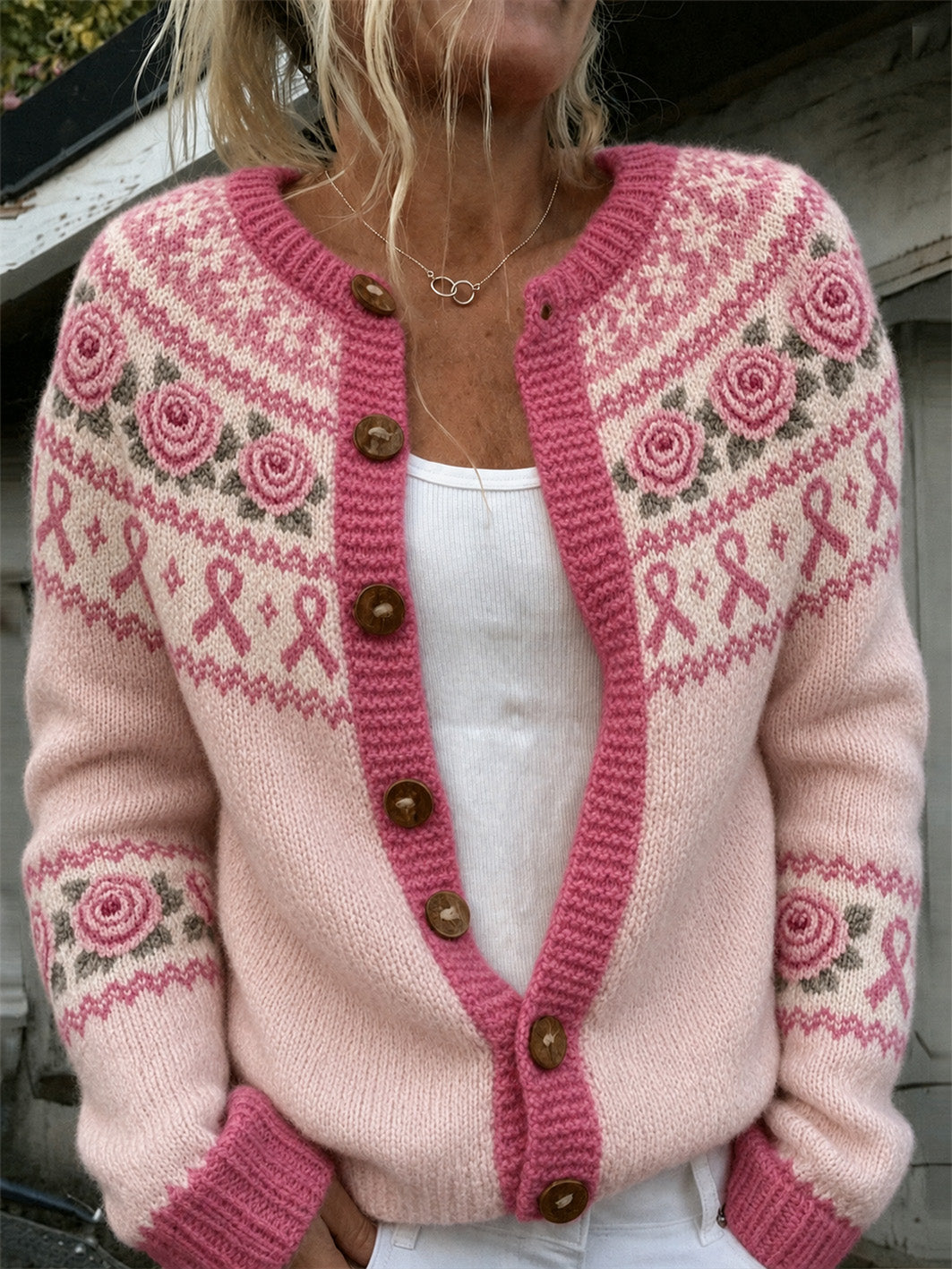 Kvinders lyserød blomst og Pink Charity Ribbon Mønster trykt Casual Cardigan-Style Strik jakken
