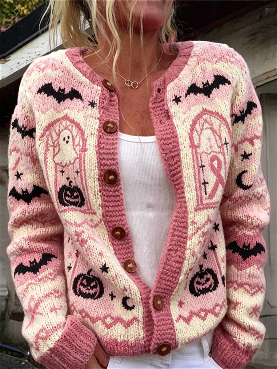 Kvinders vintage halloween-kardigan med lyserødt bånd og Isle-mønster til bekæmpelse af brystkræft