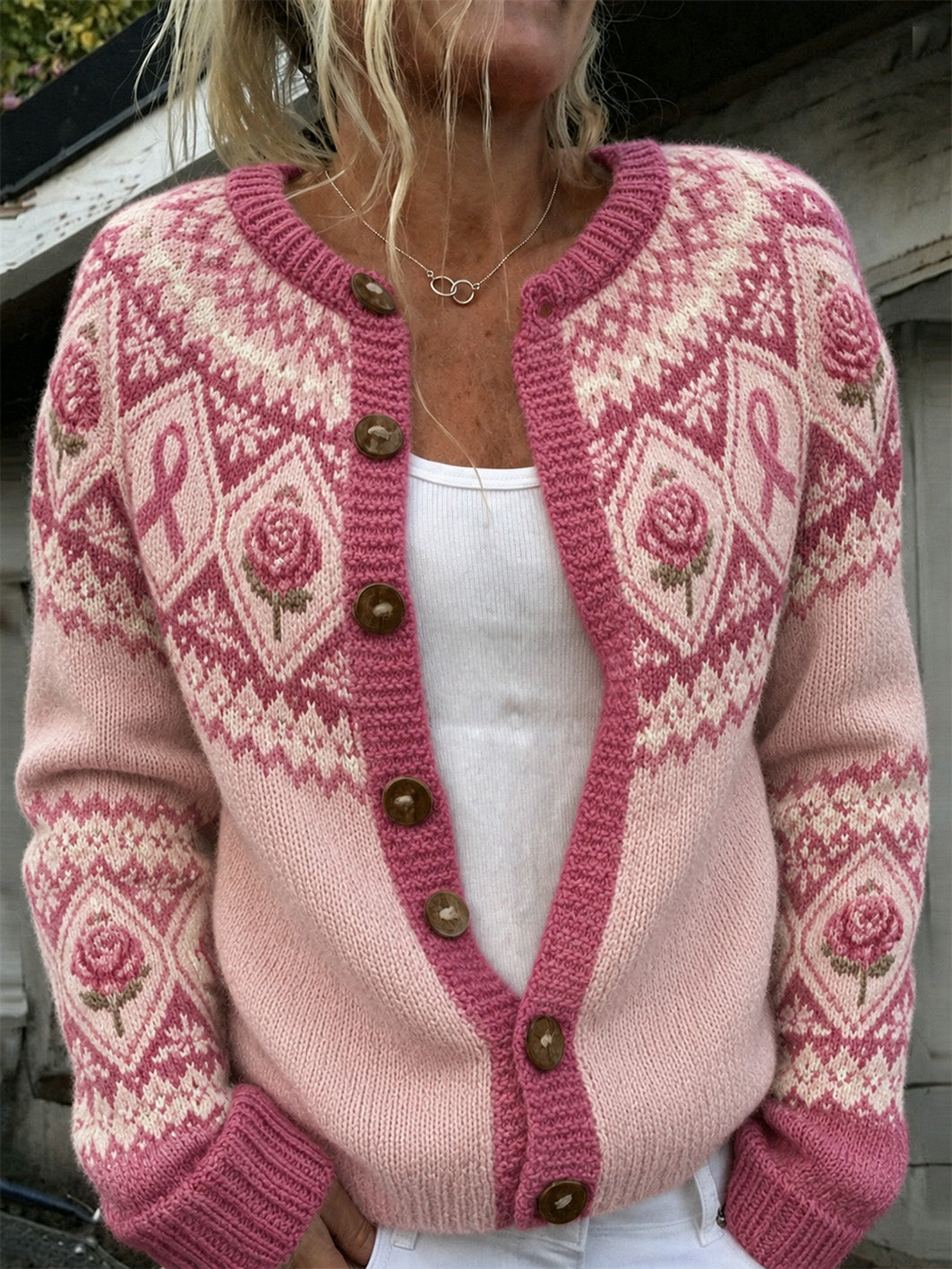 Kvindernes lyserøde blomster- og pink velgørenhedsbåndsmønster trykt, afslappet strikket jakke i cardigan-stil