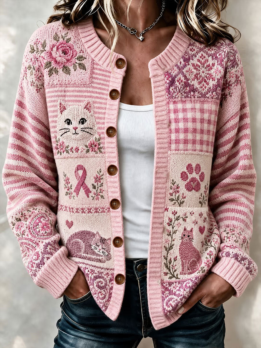 Kvinders Pink Cat Print Cardigan