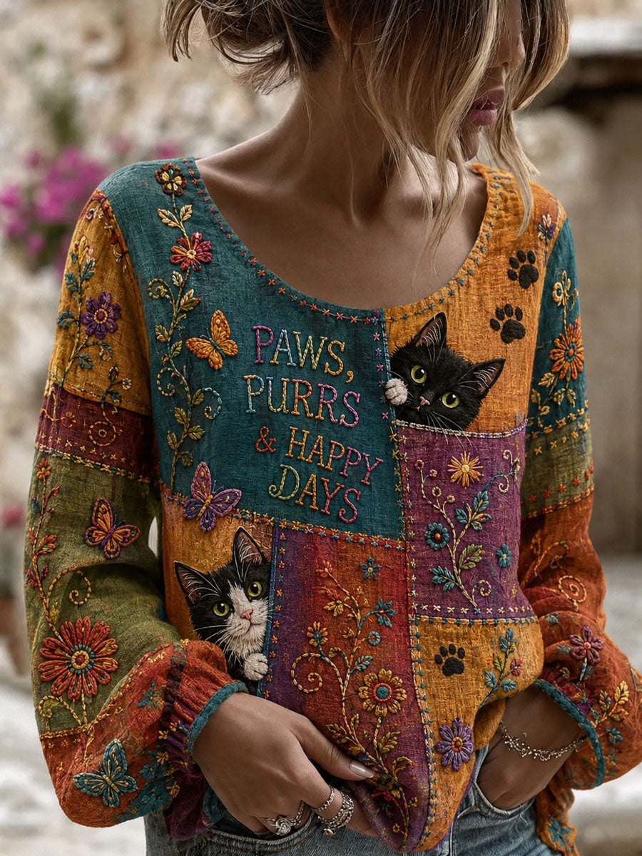 Kvinders patchwork-top med katteprint og lange ærmer til hverdagsbrug